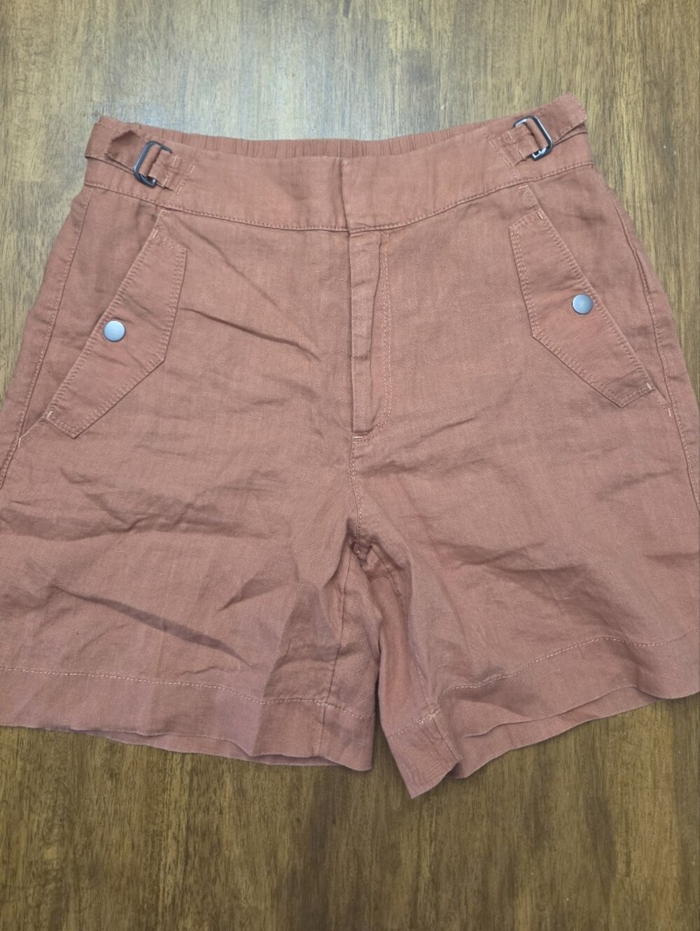 ATHLETA Women's Linen Bermuda Shorts Burnt Sienna Sz 4 Side Buckles Pockets